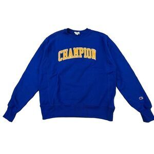 New Champion Men Blue Sweatshirt Crew Neck Fleece Pullover Yellow Logo US M